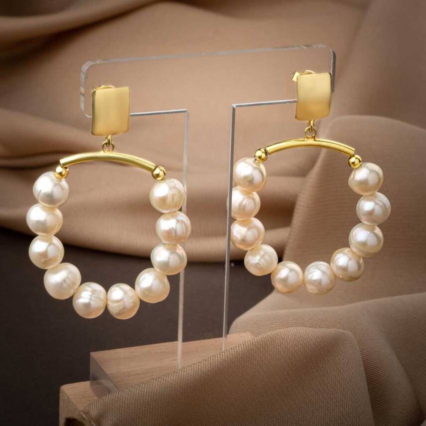 İnci Doğal Taş Gümüş Halka Küpe - 8