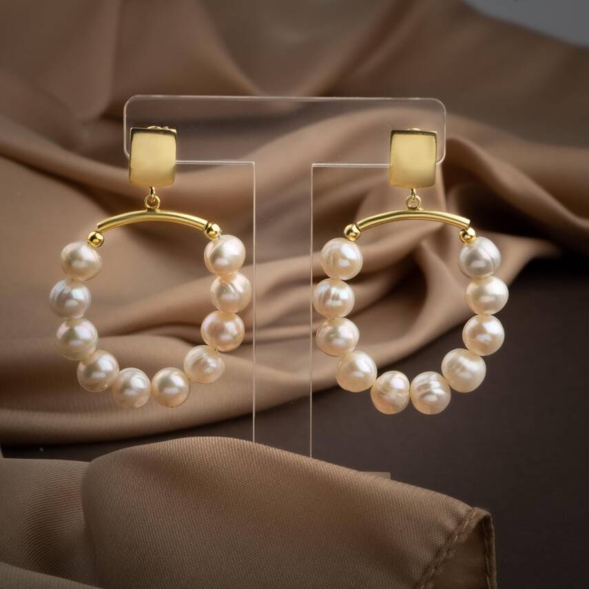 İnci Doğal Taş Gümüş Halka Küpe - 1