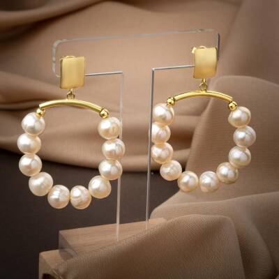 İnci Doğal Taş Gümüş Halka Küpe - 2