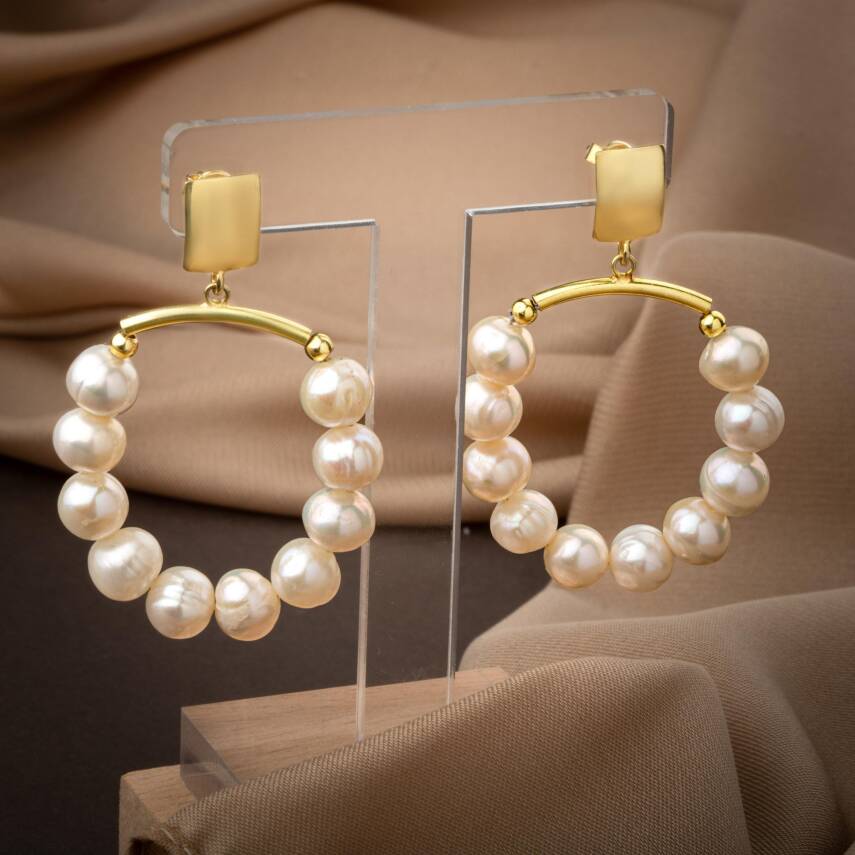 İnci Doğal Taş Gümüş Halka Küpe - 2