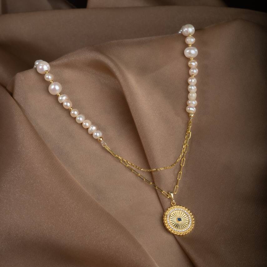 İnci Doğal Taş Gümüş Kolye - 2