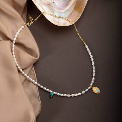 İnci Doğal Taş Gümüş Kolye - Osmanlı Doğal Taş