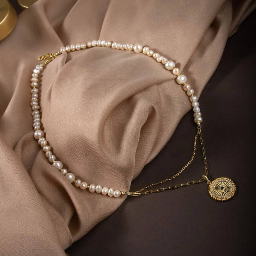 İnci Doğal Taş Gümüş Kolye - 1