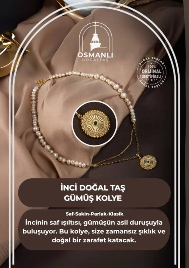 İnci Doğal Taş Gümüş Kolye - 2