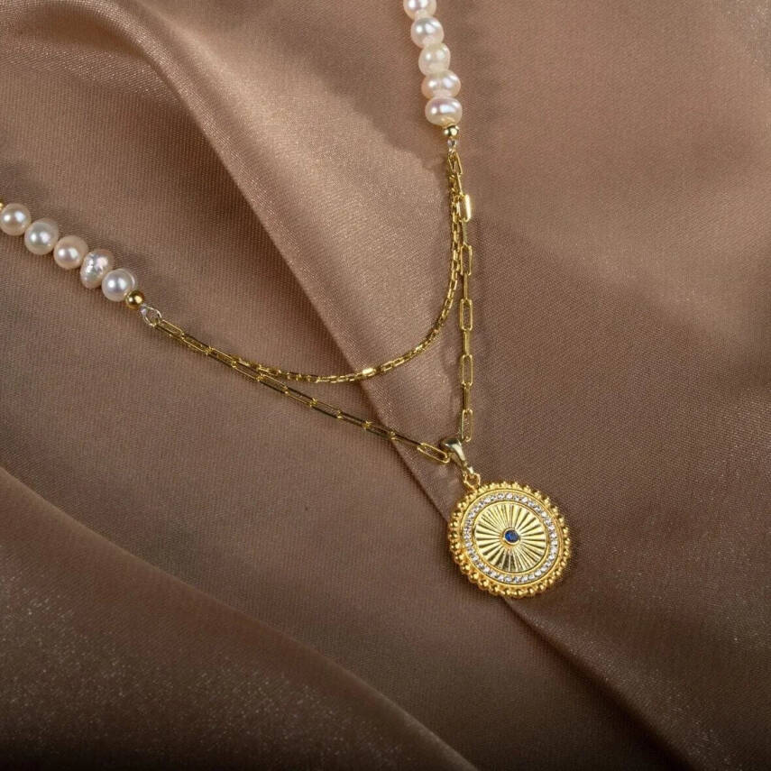 İnci Doğal Taş Gümüş Kolye - 3