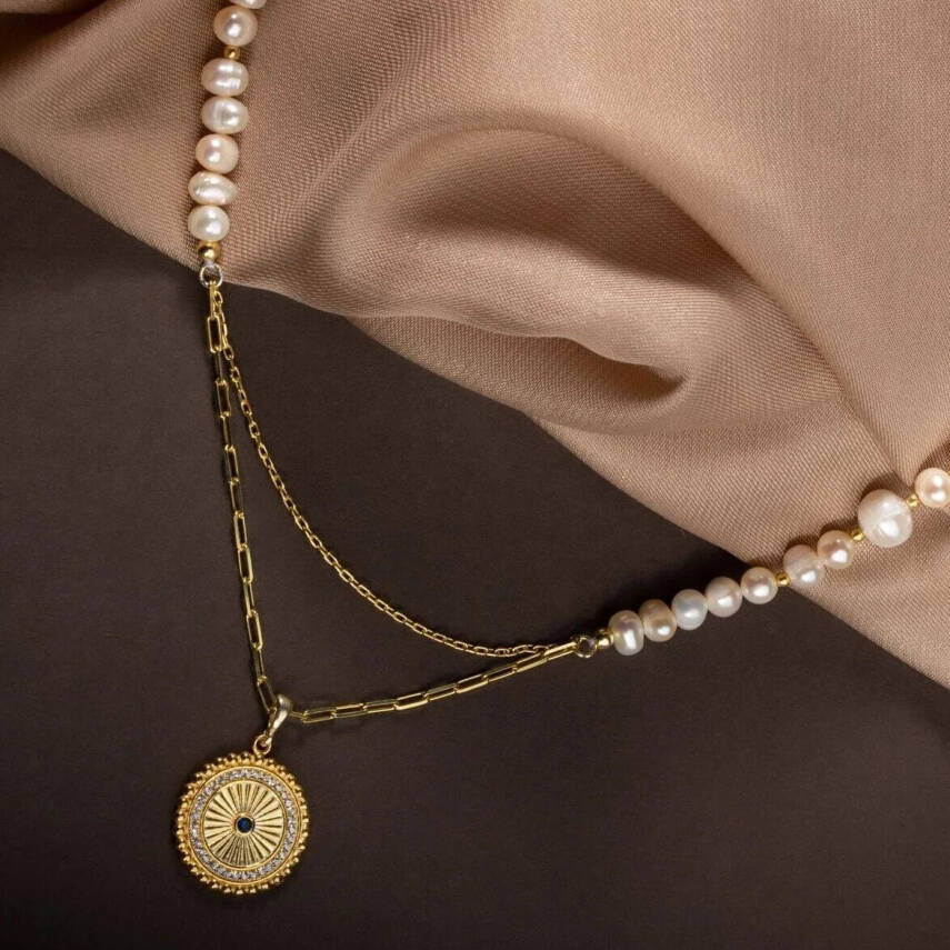 İnci Doğal Taş Gümüş Kolye - 4