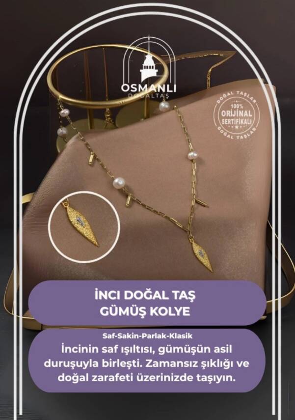 İnci Doğal Taş Gümüş Kolye - 2