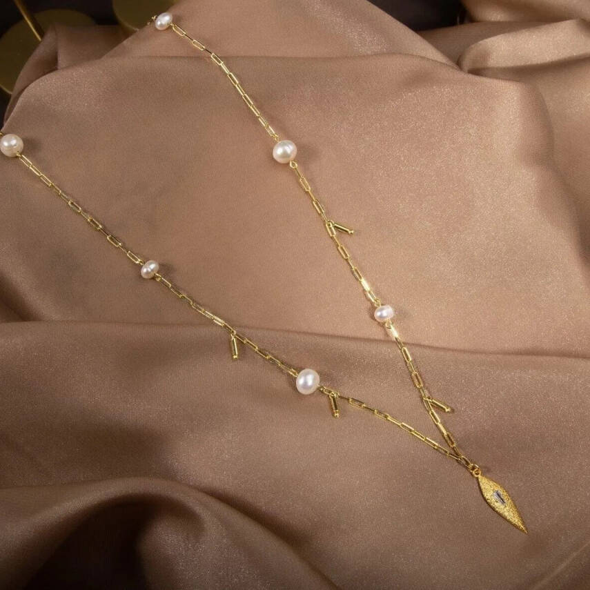 İnci Doğal Taş Gümüş Kolye - 5