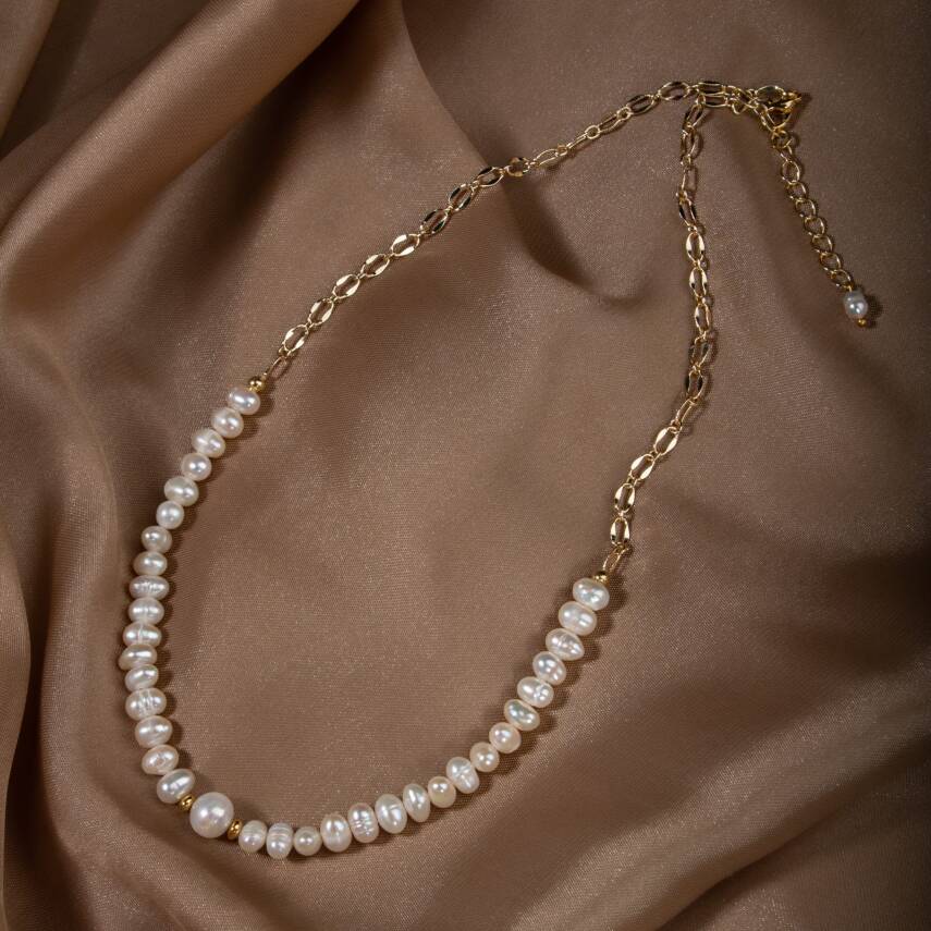 İnci Doğal Taş Gümüş Kolye - 4