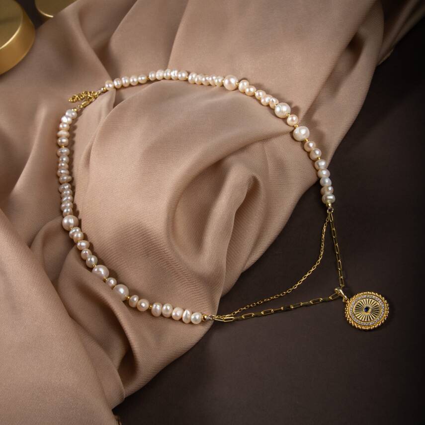 İnci Doğal Taş Gümüş Kolye - 7