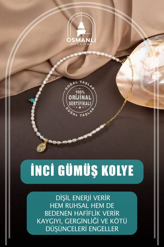 İnci Doğal Taş Gümüş Kolye - 11