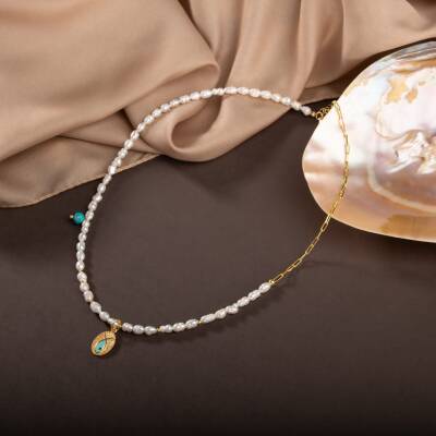 İnci Doğal Taş Gümüş Kolye - 13