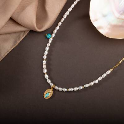 İnci Doğal Taş Gümüş Kolye - 14