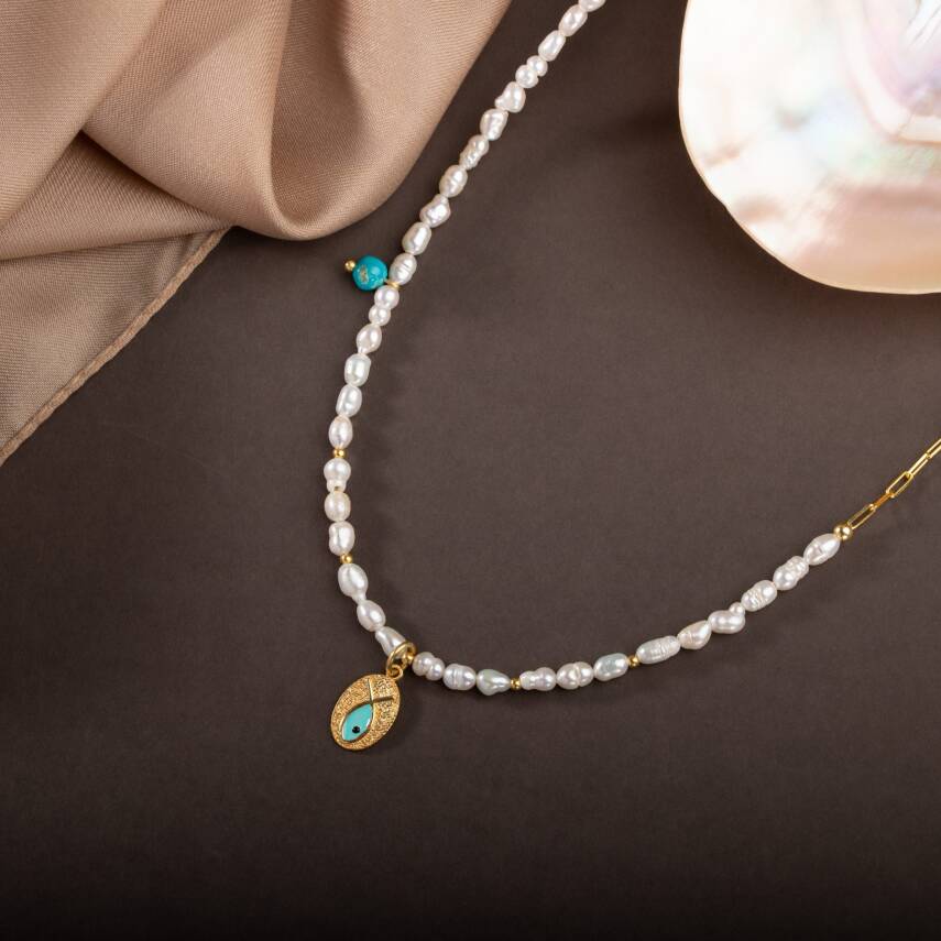 İnci Doğal Taş Gümüş Kolye - 14