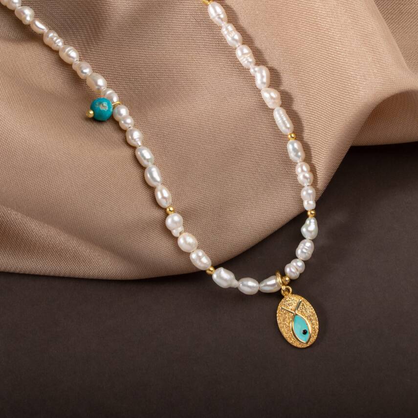 İnci Doğal Taş Gümüş Kolye - 15