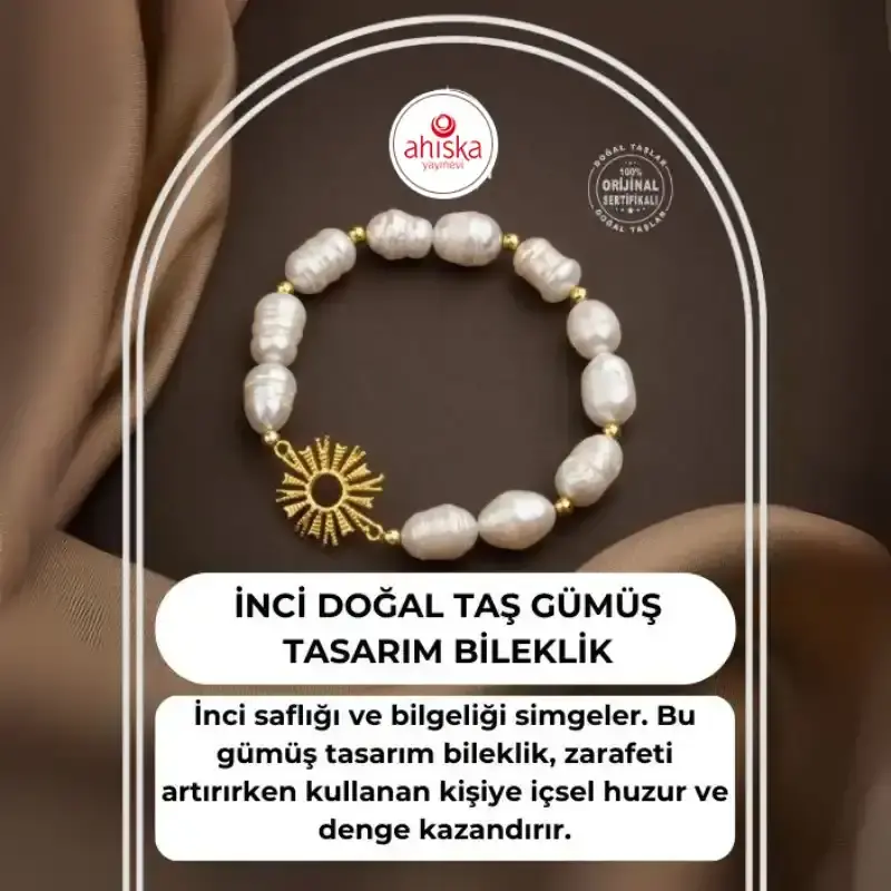 İnci Doğal Taş Gümüş Tasarım Bileklik - 2