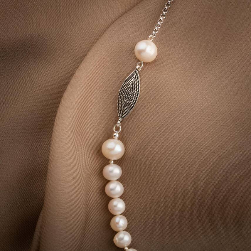 İnci Doğal Taş Gümüş Tasarım Kolye - 3