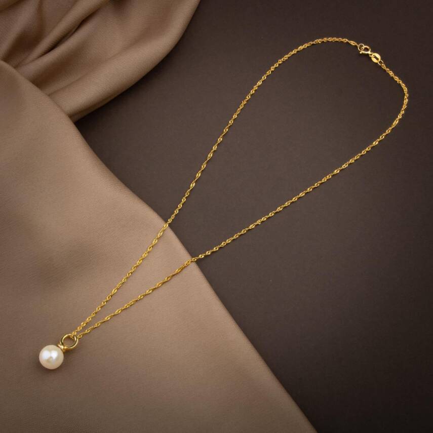 İnci Doğal Taş Gümüş Tasarım Zincir Kolye - 50cm - 2