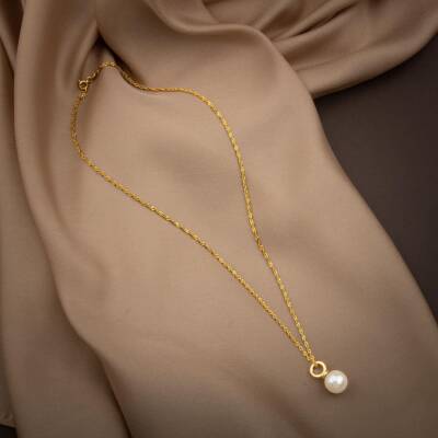 İnci Doğal Taş Gümüş Tasarım Zincir Kolye - 50cm - 3