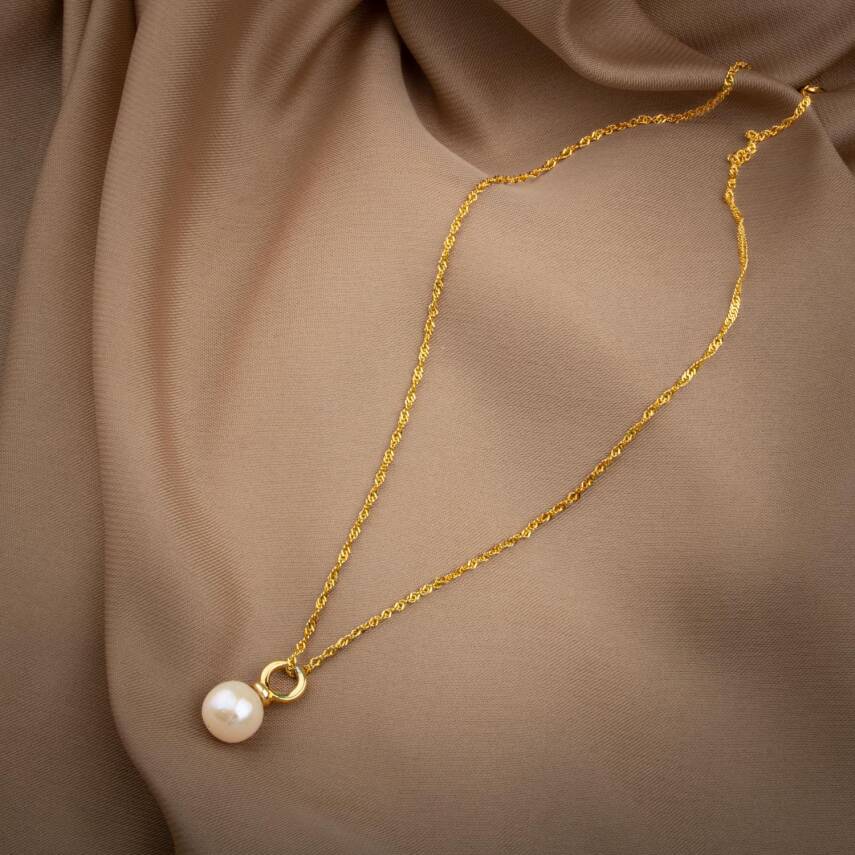 İnci Doğal Taş Gümüş Tasarım Zincir Kolye - 50cm - 4