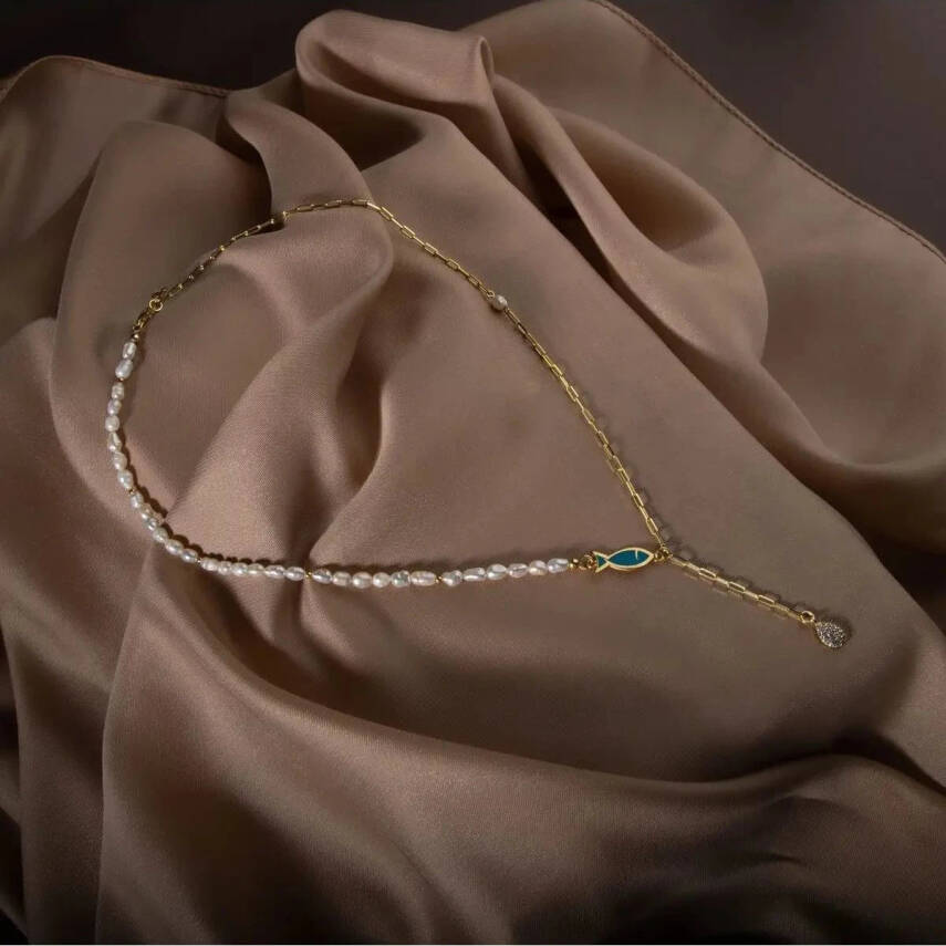 İnci Doğal Taş Gümüş Zincir Kolye - 1