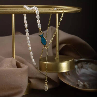 İnci Doğal Taş Gümüş Zincir Kolye - 3