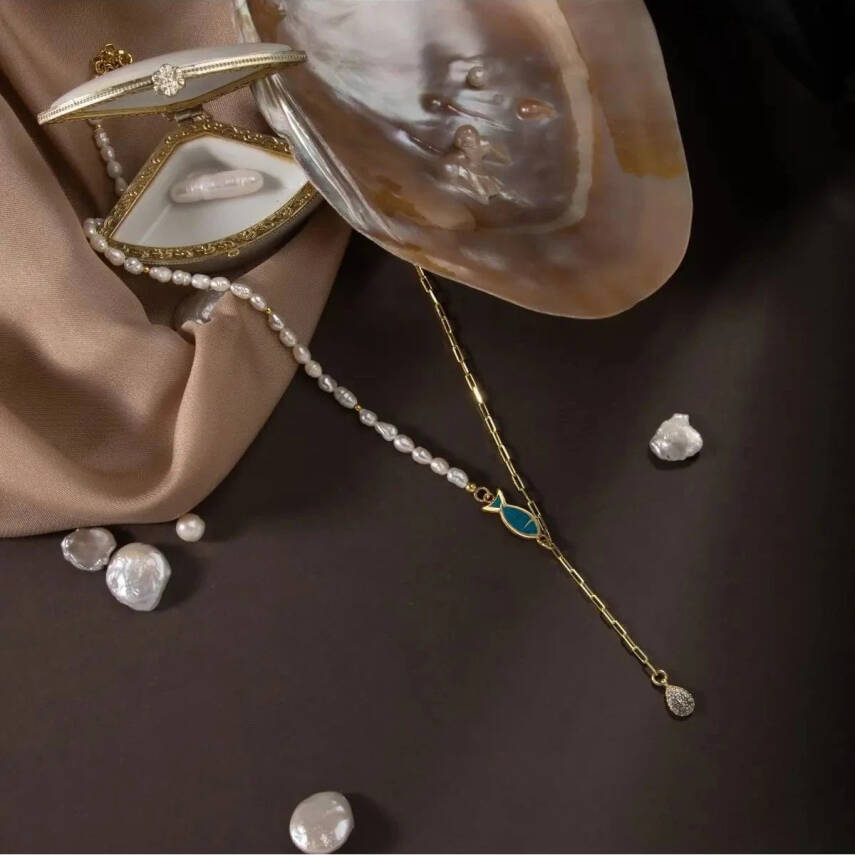 İnci Doğal Taş Gümüş Zincir Kolye - 4