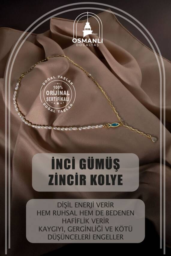 İnci Doğal Taş Gümüş Zincir Kolye - 1