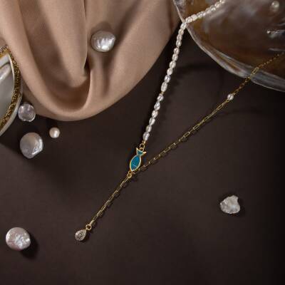 İnci Doğal Taş Gümüş Zincir Kolye - 2