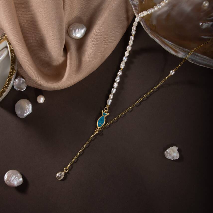 İnci Doğal Taş Gümüş Zincir Kolye - 2