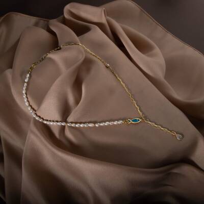 İnci Doğal Taş Gümüş Zincir Kolye - 3