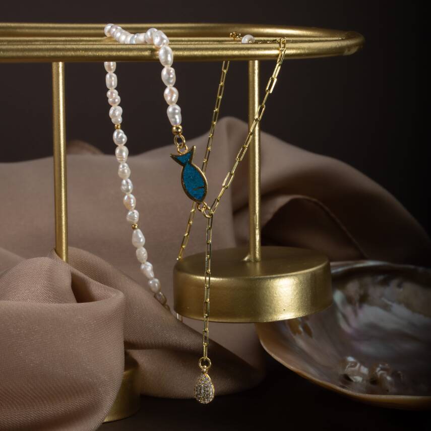 İnci Doğal Taş Gümüş Zincir Kolye - 4