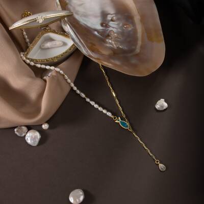 İnci Doğal Taş Gümüş Zincir Kolye - 5