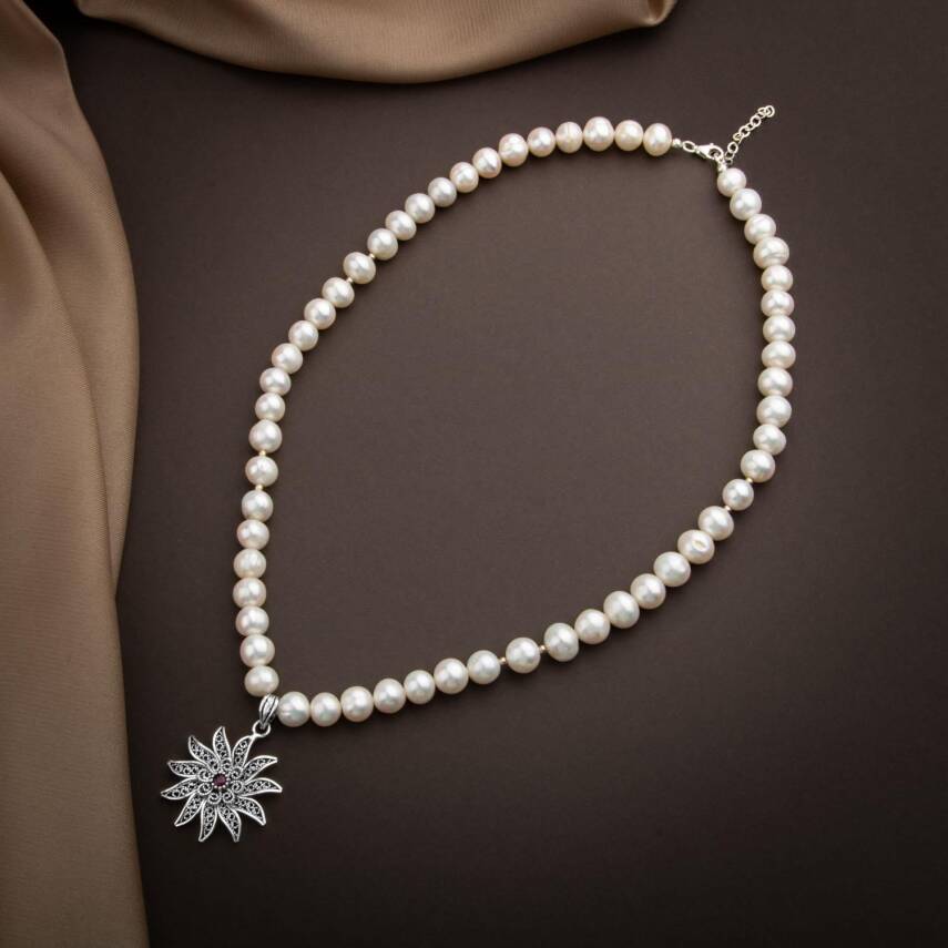 İnci Doğal Taş Telkari Gümüş Tasarım Kolye - 54cm - 1