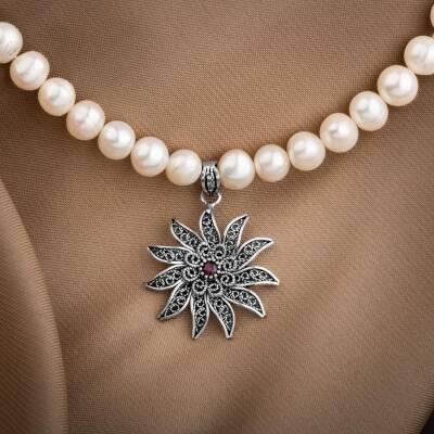 İnci Doğal Taş Telkari Gümüş Tasarım Kolye - 54cm - 2