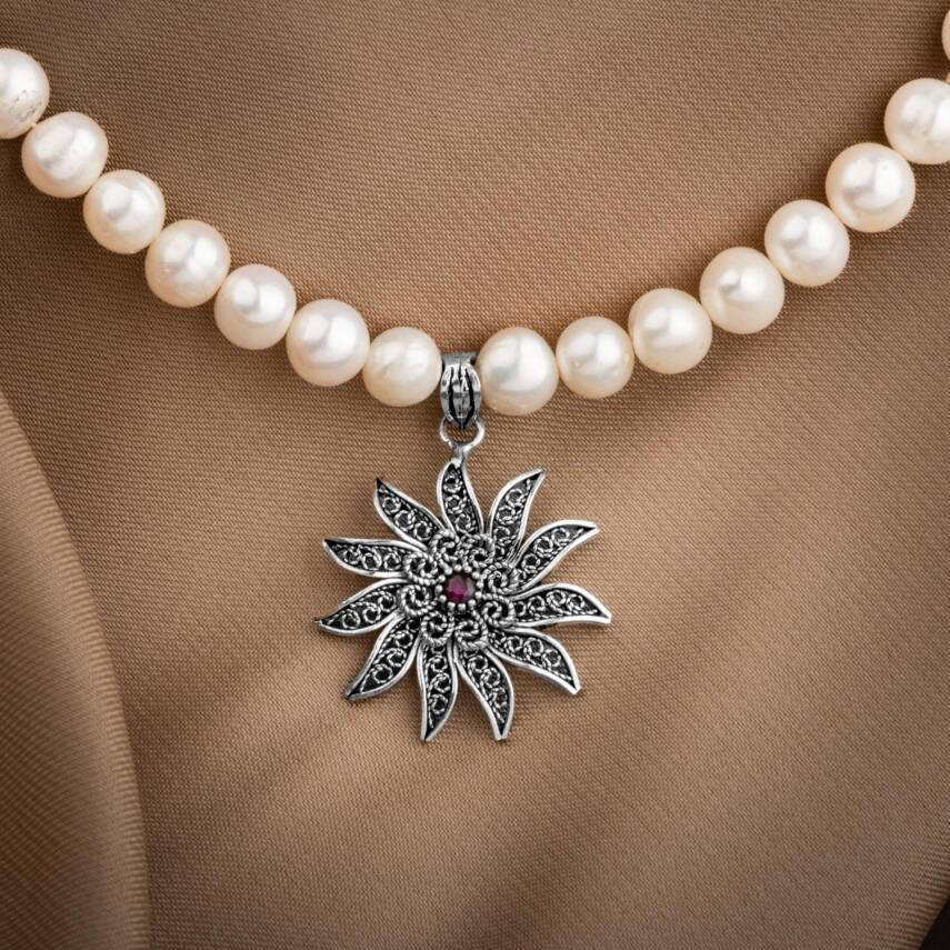 İnci Doğal Taş Telkari Gümüş Tasarım Kolye - 54cm - 2