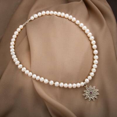 İnci Doğal Taş Telkari Gümüş Tasarım Kolye - 54cm - 3