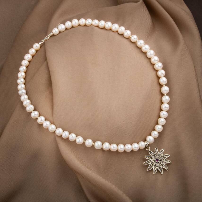 İnci Doğal Taş Telkari Gümüş Tasarım Kolye - 54cm - 3