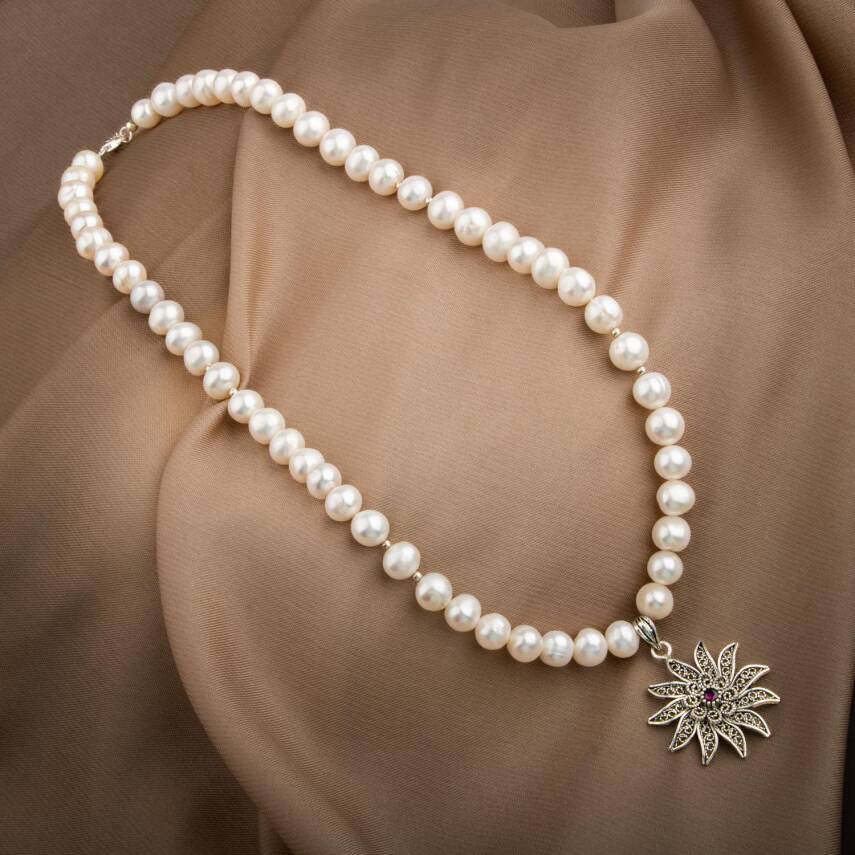 İnci Doğal Taş Telkari Gümüş Tasarım Kolye - 54cm - 4