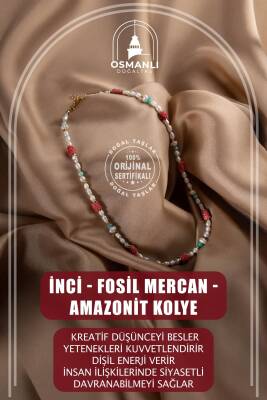 İnci-Fosil Mercan-Amazonit Doğal Taş Altın Kaplama Kapama Kolye - Osmanlı Doğaltaş