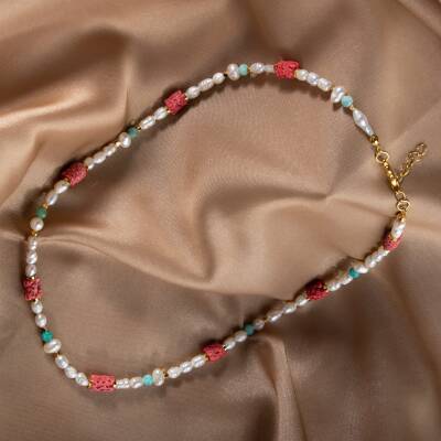 İnci-Fosil Mercan-Amazonit Doğal Taş Altın Kaplama Kapama Kolye - 2