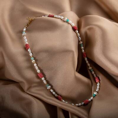 İnci-Fosil Mercan-Amazonit Doğal Taş Altın Kaplama Kapama Kolye - 3