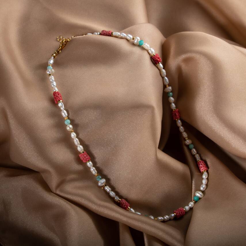 İnci-Fosil Mercan-Amazonit Doğal Taş Altın Kaplama Kapama Kolye - 3