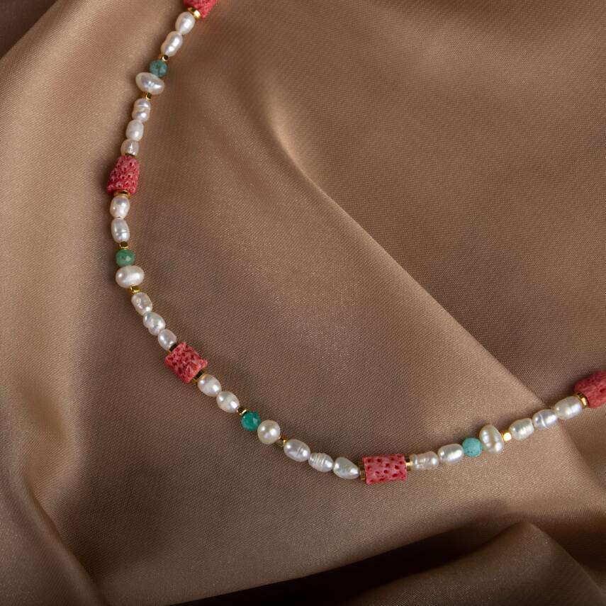 İnci-Fosil Mercan-Amazonit Doğal Taş Altın Kaplama Kapama Kolye - 4