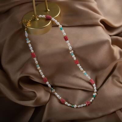 İnci-Fosil Mercan-Amazonit Doğal Taş Altın Kaplama Kapama Kolye - 5