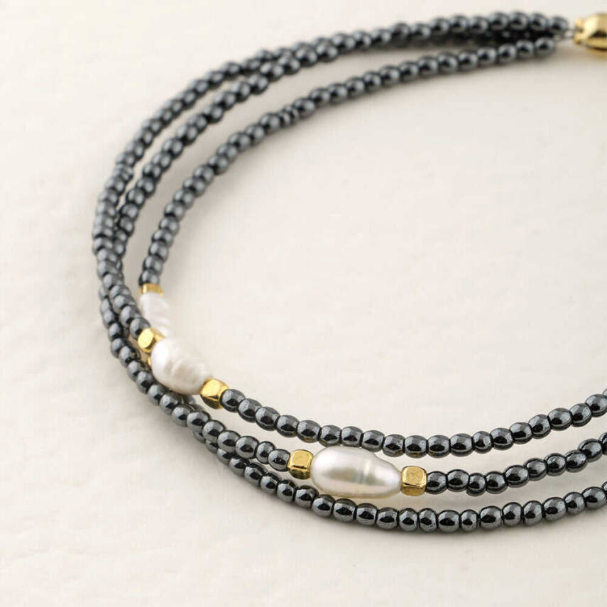 İnci-Hematit Doğal Taş Altın Kaplama Kapama Bileklik - 3