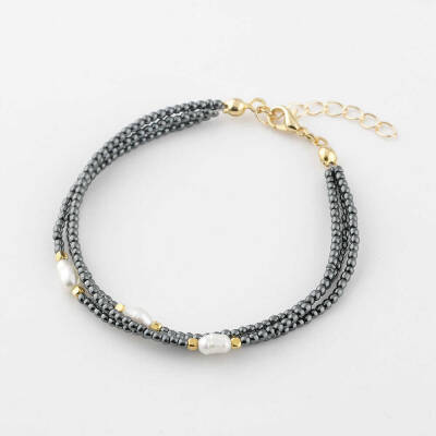 İnci-Hematit Doğal Taş Altın Kaplama Kapama Bileklik - 5