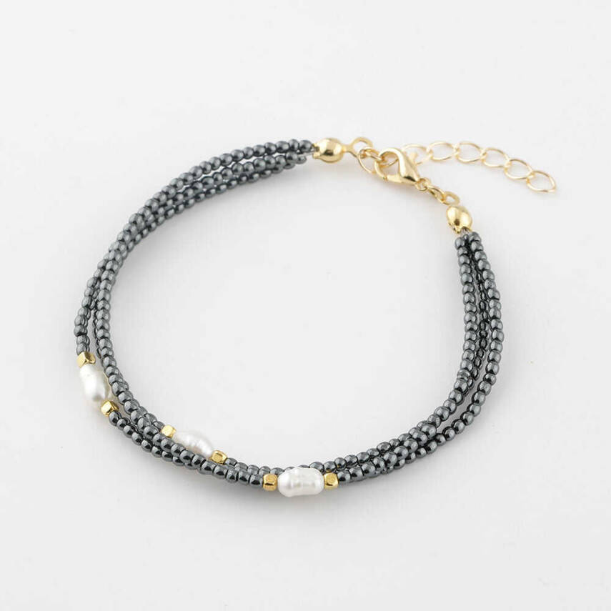 İnci-Hematit Doğal Taş Altın Kaplama Kapama Bileklik - 5