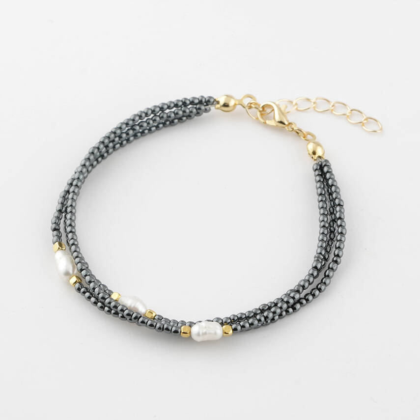İnci-Hematit Doğal Taş Altın Kaplama Kapama Bileklik - 1