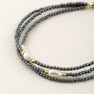 İnci-Hematit Doğal Taş Altın Kaplama Kapama Bileklik - 3